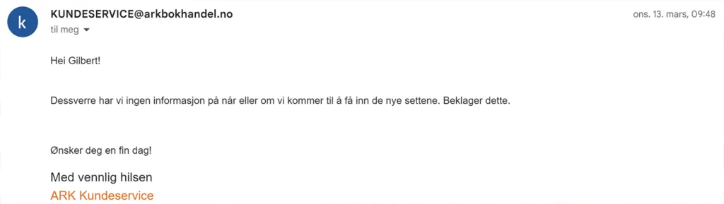 Ark bokhandel har LEGO, men vet ikke om de får mer.