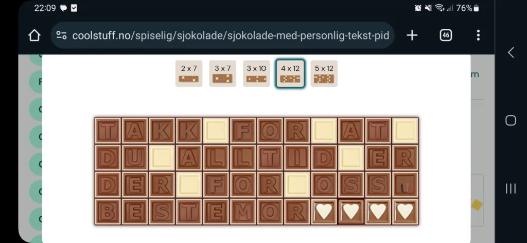 Velg en fin tekst og bestill en flott sjokolade til Mormor! FOTO: Skjermskudd fra coolstuff.no